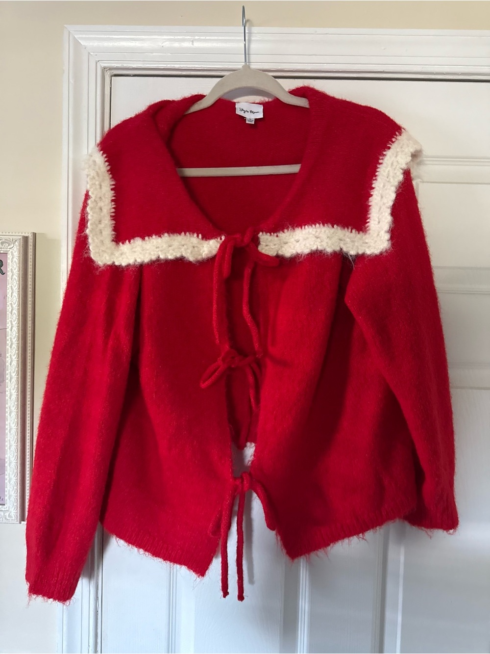 Red Tie-Front Sweater with Cream Trim - Women